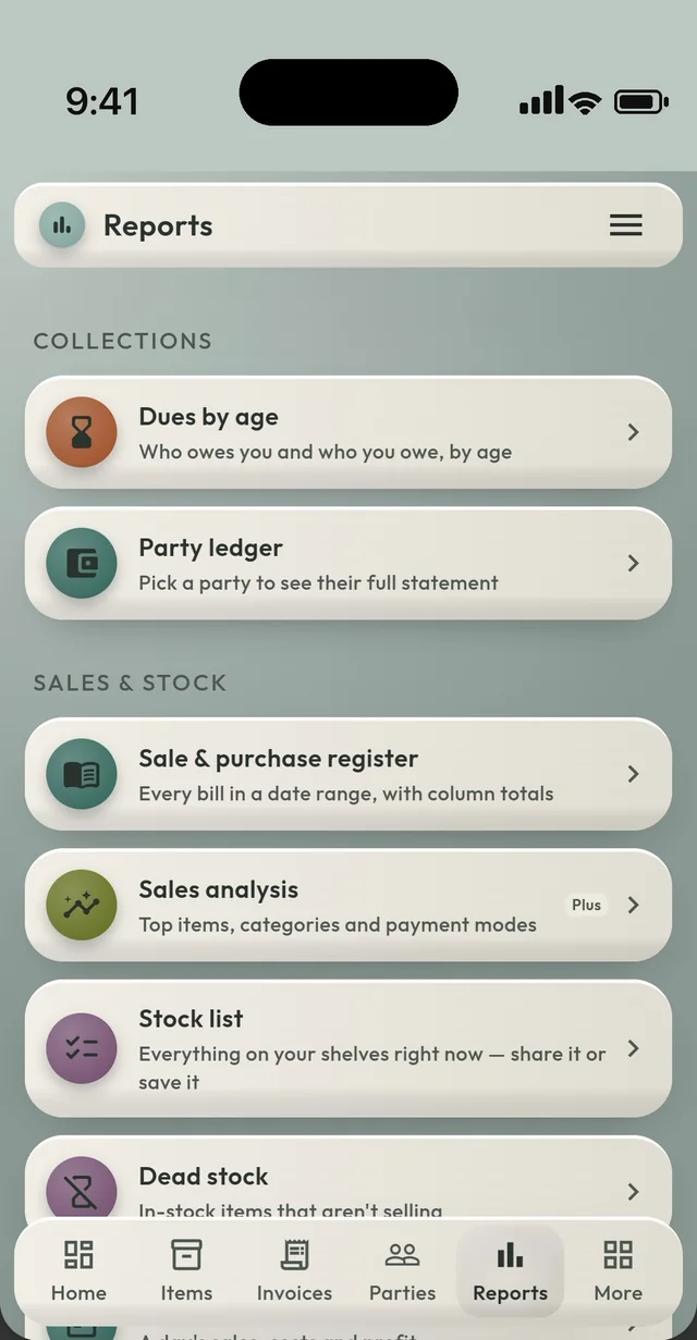 Reports — dues, ledgers, registers