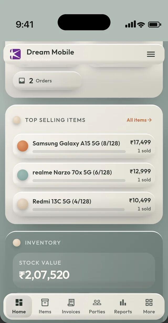 Top sellers & stock value